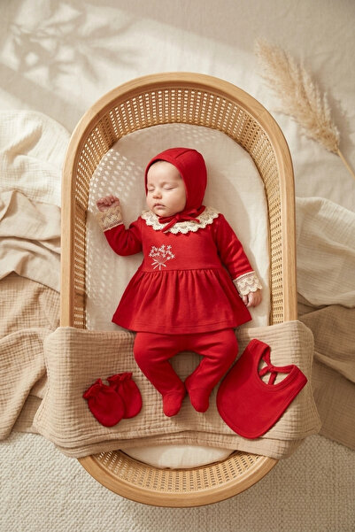Babydonat Bella Vintage Red Lace Detailed 5-Piece Baby Set - 100% Cotton Embr...