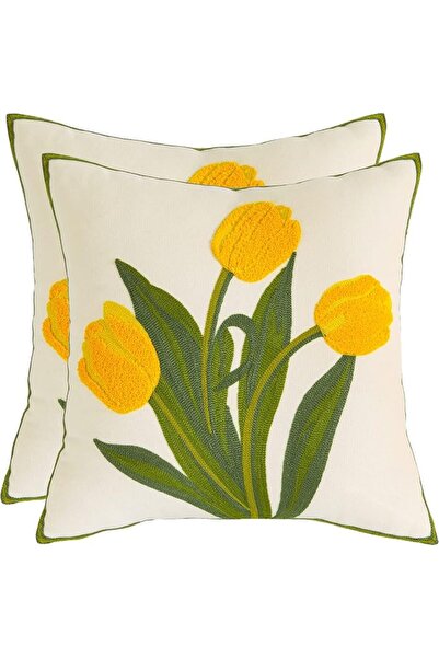 Tosleo Decorative Pillowcases 18x18 inch Pack of 2 Beige Tropical Leaf Embroi...