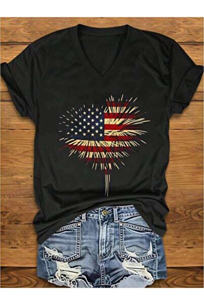 23ERVA Casual V-Neck, Women's T-Shirt, American Flag Firework Design, Summer ...