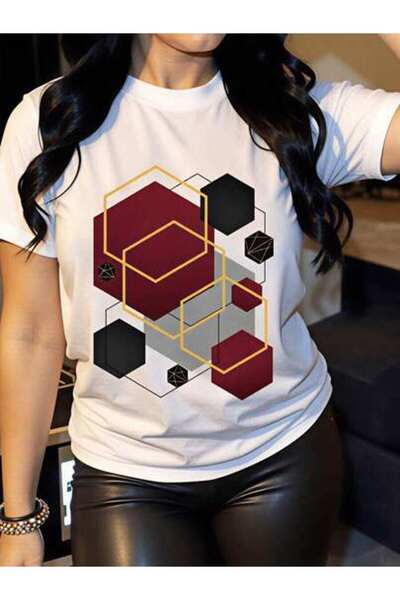 23ERVA Geometric Pattern, Women's Abstract Hexagon Design, Pure Cotton T-Shir...
