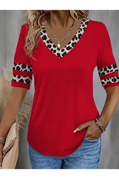 Modayakamoz Women's short sleeve v-neck leopard print viscose blouse