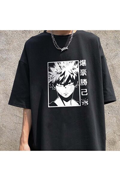 DEEFWEAR Mi̇ngalondon Anime Bakugou Printed Black Unisex Oversize T-Shirt