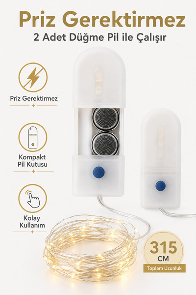 ALFAGİFT 6 Adet 315 cm Pilli Peri LED Sıcak Sarı Işık 2 Modlu Esnek Gümüş Tel Dekoratif Perde LED Aydınlatma