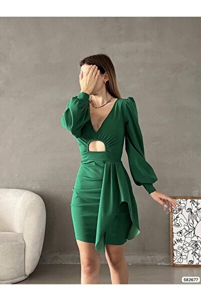 Modafeminen Green Chest Window Detailed Balloon Sleeve Mini Dress 582677