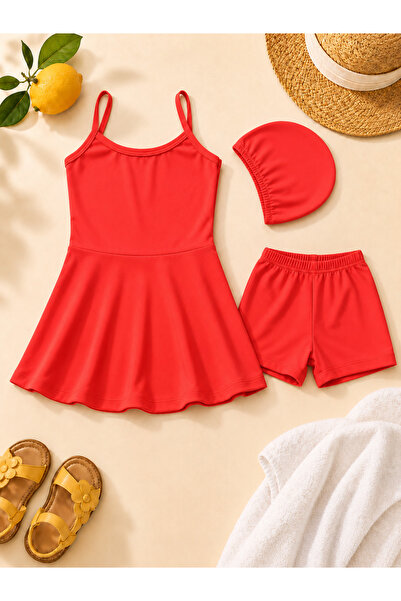 rony pony kids Girls' Suspender Skirt Swimsuit, Shorts and Cap 3 Piece Swimmi...