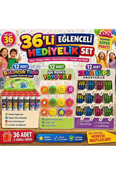 KAR TANESİ 36'lı Eğlenceli Hediye Seti 12 Baloncuk Tüpü 12 Yoyo 12 Zeka Küpü Anahtarlık Okul Karne Parti