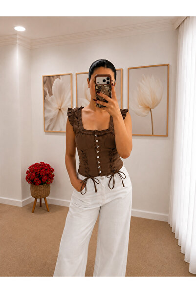 Wenya Butik Kare Yaka Fırfır Detaylı Korse Bluz