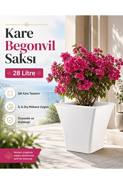 Hep İndirimli 38Cm Kare Begonvil Beyaz Saksı - 28 Litre Beton Görünümlü Plast...