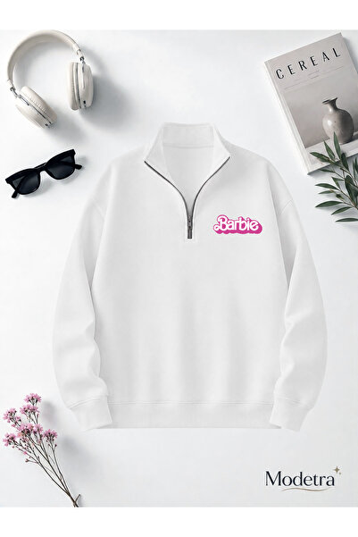 Modetra Women's Printed Half-Zipper Stand Collar Basic Embossed Sweatshirt