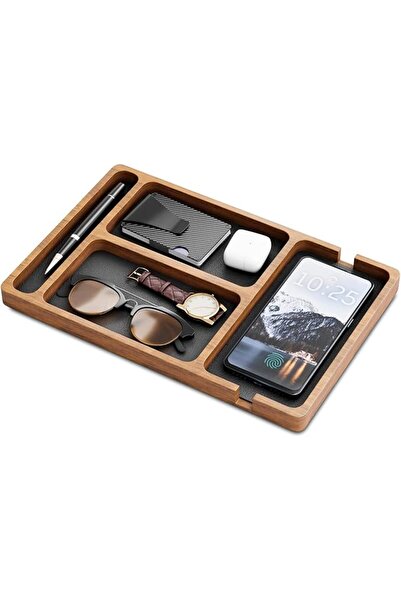 Generic Wood Valet Tray with Removable Leather Pad for Men, Catchall EDC Orga...
