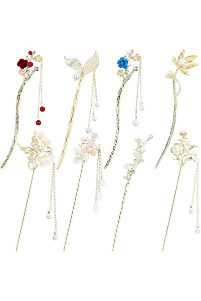 AZONEE 8 Pieces Retro Vintage Asian Japanese Chinese Hanfu Gold Metal Flower ...