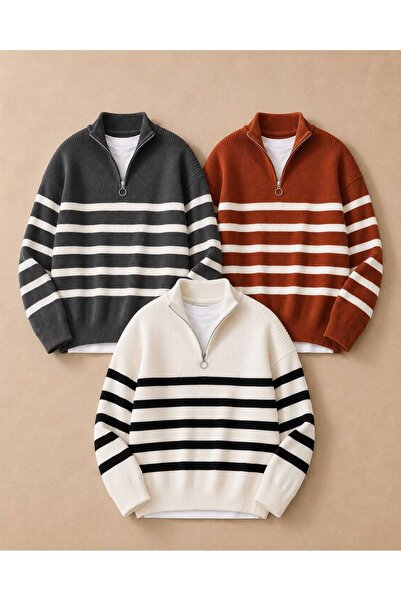 pepule Men's 3-Piece Set Half-Zipper Striped Knitwear Sweater Oversize Model