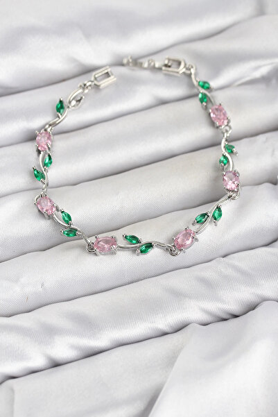 SORA GROUP Brass Silver Color Pink Zircon Stone Flower Model Women's Bracelet