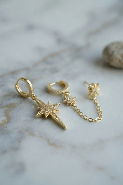 SORA GROUP Set of 3 Earrings in Gold Color with Chain Detail