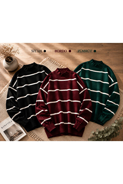 DepoExport Women's 3-Piece Striped Knitwear Sweater Oversize Loose Design