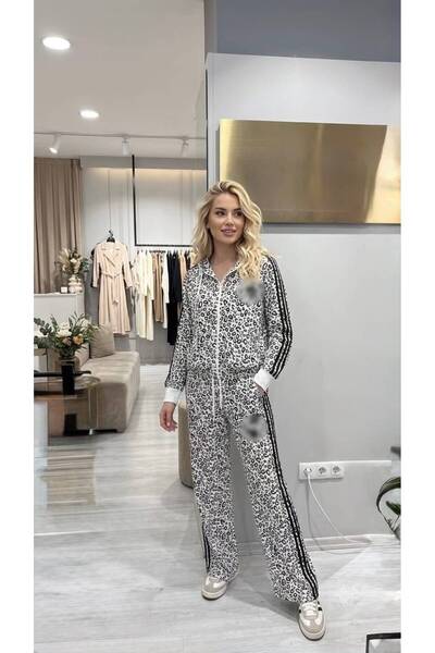 mylunessa طقم بدلة رياضية بأكمام طويلة ومقاس كبير بنمط الفهد الأبيض مع سحاب أ...