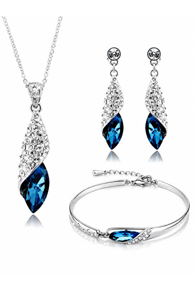 Generic Brand Luxury Women’s Blue Crystal Jewelry Set, Necklace Earrings Brac...