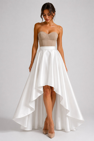 FİYPER Women's White Matte Satin High Low Asymmetrical Long Evening Dress Skirt