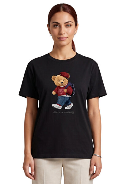 DK DAKSEL Women's Black Teddy Bear Printed T-Shirt Life Is a Journey Comforta...