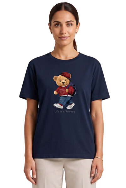 DK DAKSEL Women's Navy Blue Teddy Bear Printed T-Shirt Life Is a Journey Comf...