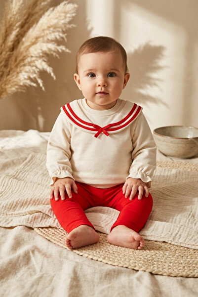 ciciben Nora Marine Sailor Collared Red-Cream Baby Set - Soft Textured Cotton...