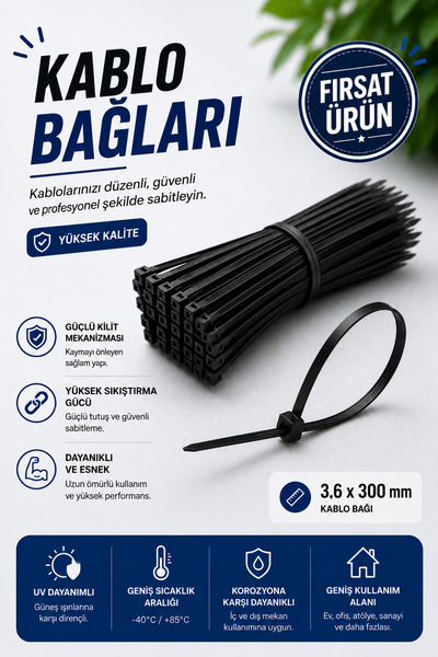 NEXTRA 3.6x300 mm Kablo Bağı - Siyah Cırt Kelepçe - Plastik Kelepçe (25 Adet)