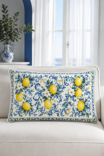 HOMESSA Majolika Blue Lemon 2-Piece Throw Pillow Cover 35X55 cm