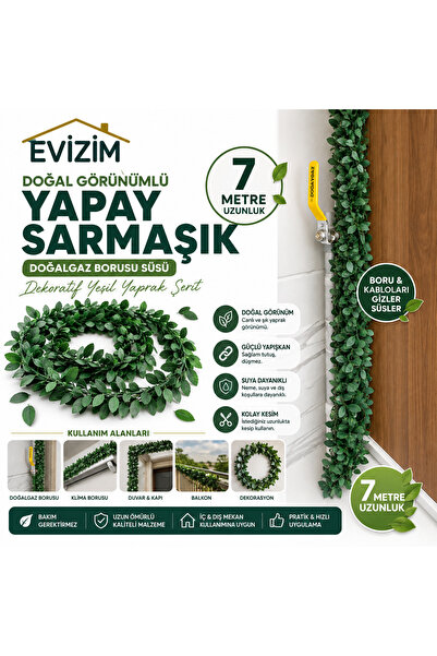 Evizim 7 Metre Yapay Sarmaşık Doğalgaz Borusu Süsü Dekoratif Yeşil Yaprak Şerit
