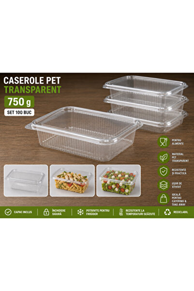 OEM Set 100 Bucăți Caserole PET Transparente 750 g cu Capac, pentru Alimente,...