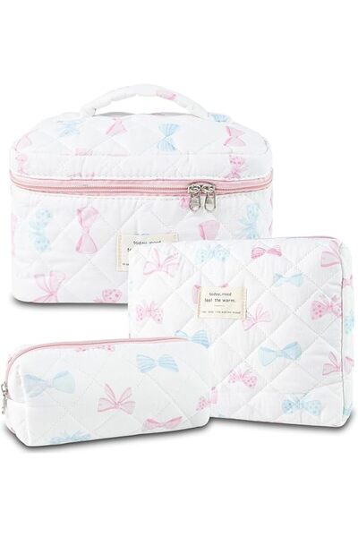 KASTWAVE 3Pcs Quilted Makeup Bag Set - Cute Floral Cotton Cosmetic Bags, Bow ...