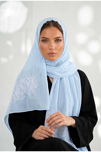 Veil Designer Pual Azraa's Sky Blue Two-Layered Embroidery with Gory Rose Emb...