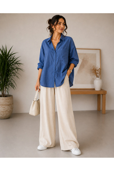 STYLENEST Kadın Tensel Kot Gömlek İndigo Mavi Oversize Yazlık İnce Hafif Dökü...