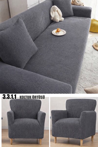 ÖZMAKAN Lycra Sofa Cover 3+3+1+1. Elastic Flexible Washable Square Pattern So...