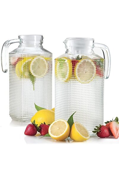 Home Zone - (2 Pack) 1.8 Liter / 60 oz Clear Glass Pitchers with Handle and L...