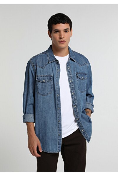 Colin's Regular Fit Classic Collar Plain Men's Mid Indigo Denim Long Sleeve S...