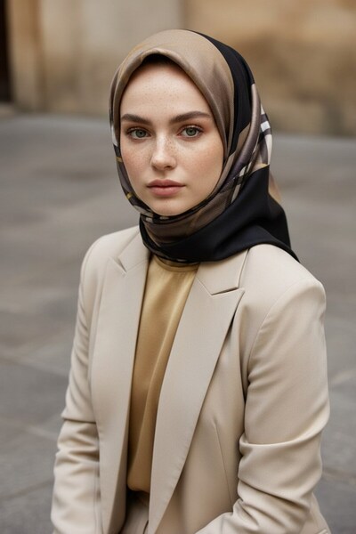 Vissona Women's Twill Silk Scarf Beige - Black