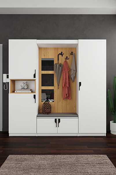 asratrend Lüks Aynalı Portmanto Askılı Vestiyer %100 MDF Çok Raflı Ayakkabılı...