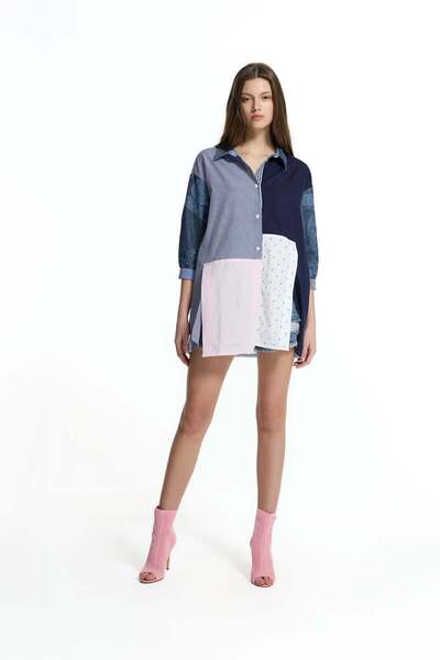 #vdr viadellerose Blue Patchwork Printed Block Shirt 19132