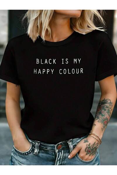 k222 Women's-Shirt, Is My Happy Colour Text Print, Black Short-Sleeve Round-N...