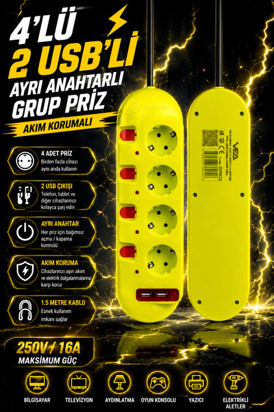 Ecuy 4'lü Grup Priz 2 USB'li 1.5 Metre Ayrı Anahtarlı Akım Korumalı Uzatma Ka...