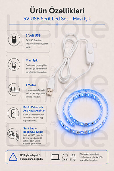luciole 1 Metre 5V USB Mavi Şerit LED Aç Kapa Anahtarlı TV Arkası Gaming Masa Araç Dekoratif Işık