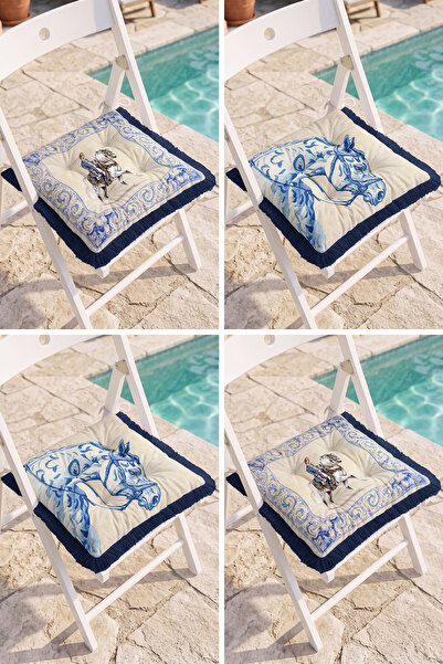 Realhomes Set of 4 Fringed Puffy Chair Cushions with Blue and White Horse Fig...