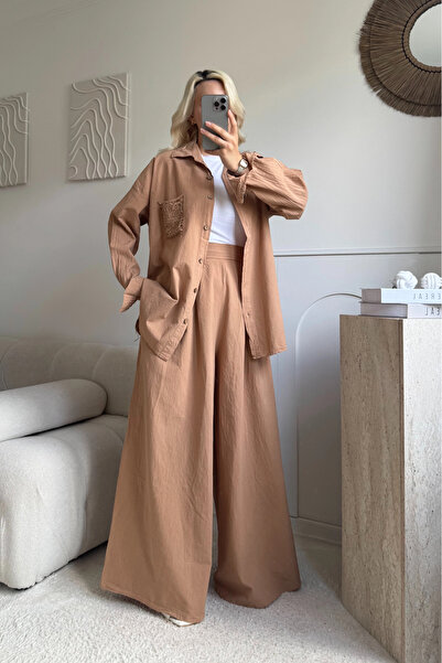 SUMEF Kamel Lace Pocket Detailed 100% Cotton Linen Oversize 38:48 Matching Wo...