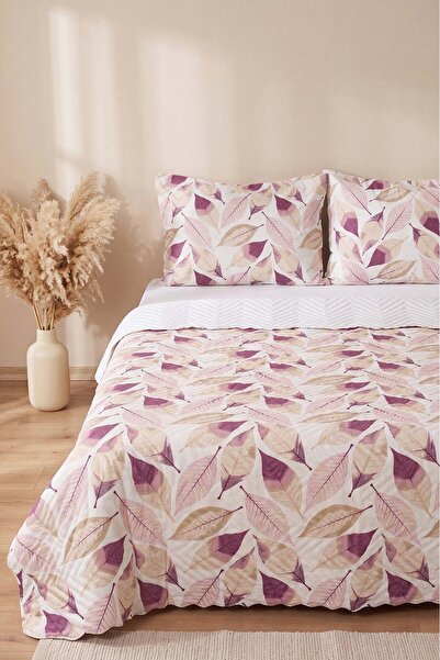 Rivaİstanbul Purple Leaf Double Quilted Pique & Multi-Purpose Bedspread - 3 P...