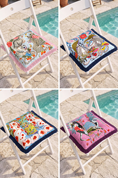 Realhomes Colorful Floral Patterned 4-Piece Fringed Puffy Chair Cushion Set w...