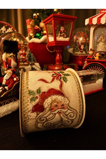 Noel ağacı için dekoratif kurdele, bej renkli, Noel Baba figürlü, 5 metre x 63 mm