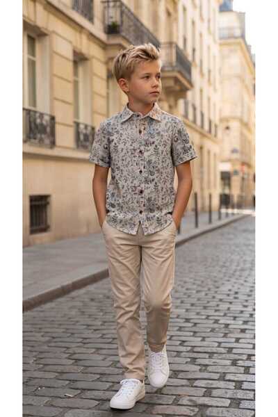 Louis Fabel Linen Beige Red Floral Short Sleeve Children's Shirt