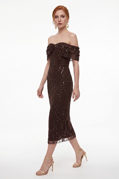 Lafaba Women's Brown Boat Neck Beaded Midi Evening Dress