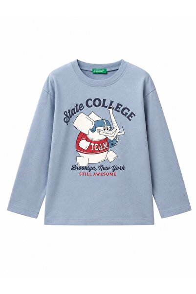 United Colors of Benetton Boy's Blue Printed Crew Neck Long Sleeve T-Shirt