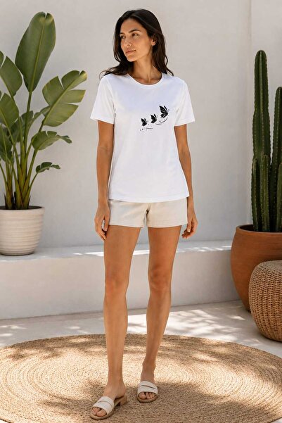 Generic Brand White Butterfly Printed Combed Cotton T-Shirt